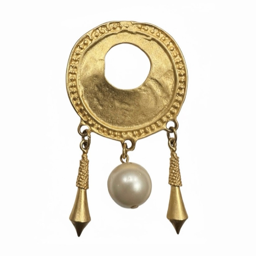 Vintage Brutalist Faux Pearl Brooch Gold Tone Pin